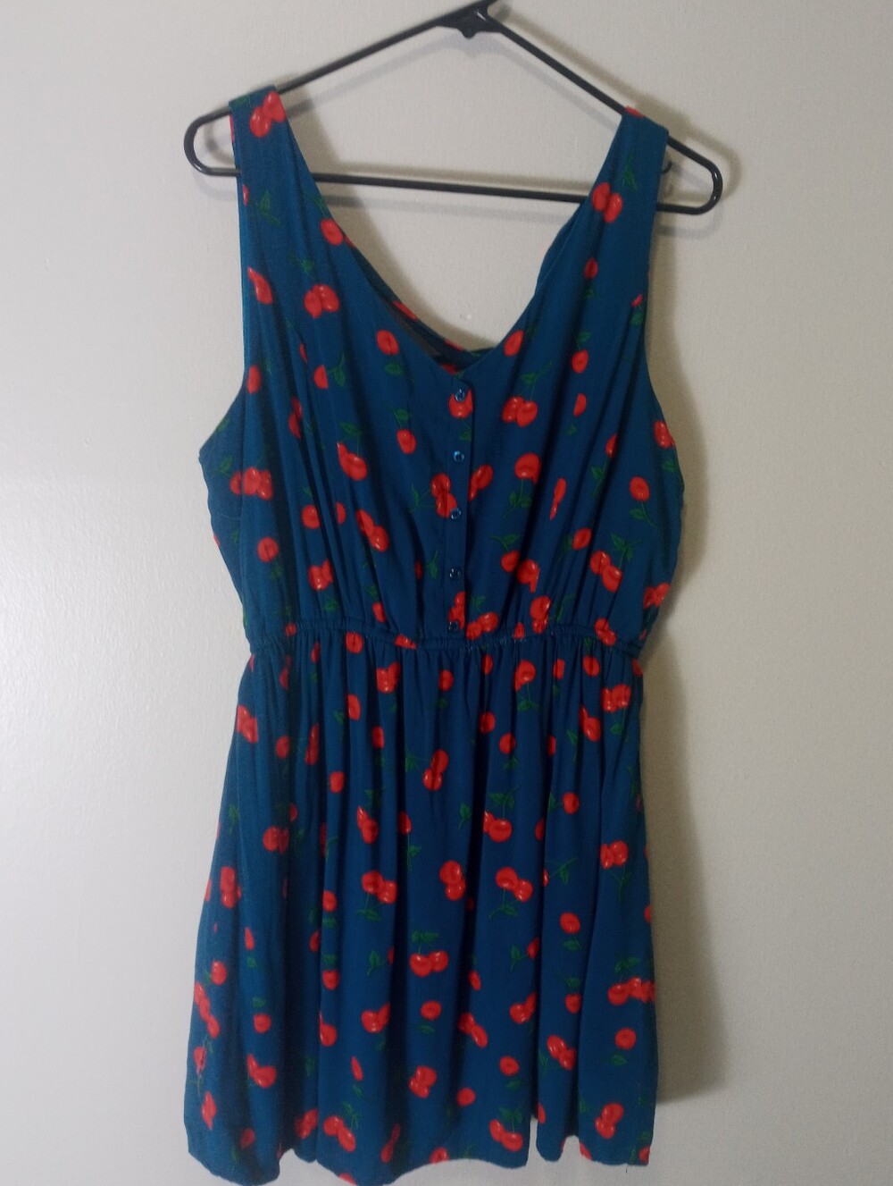 Just Found Navy Blue Cherry Print Stretch Waist Sleeveless Knee Length Stappy 1X